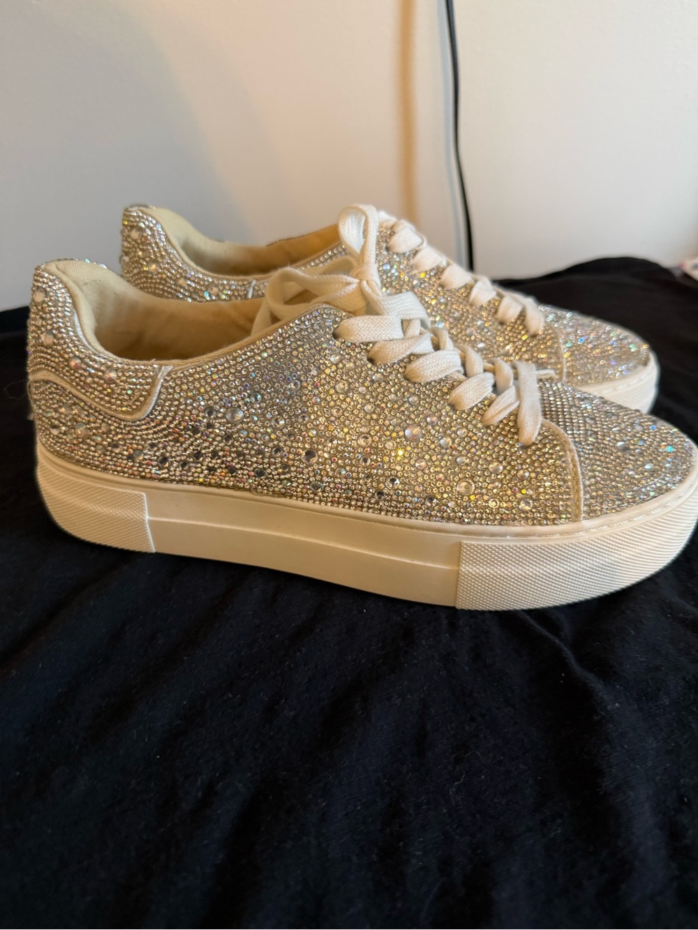 Betsey Johnson Rhinestone Platform Sneakers - White/Silver Sparkle